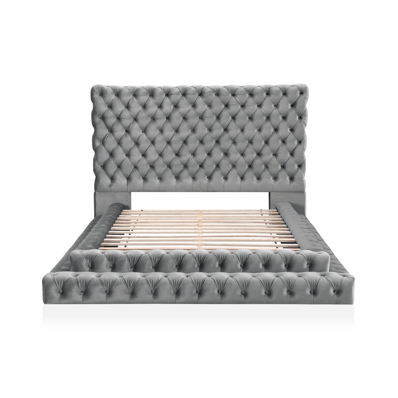 Deskins Low Profile Tufted Upholstered Platform Bed, Gray, King
