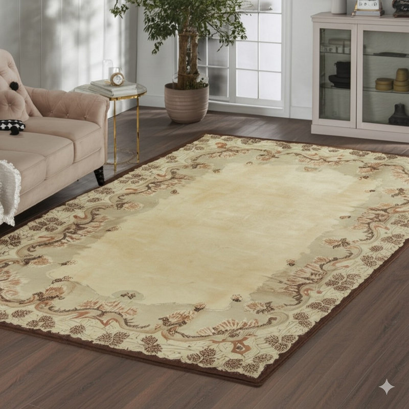 9x12 Ivory Hand-Knotted Wool Floral Border Solid Open Field Modern Contemporary Carpet Rug