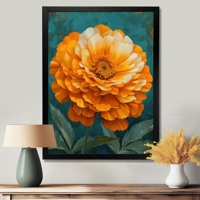 Jaune jaune vert fleuri souci - art mural souci, H 12 po x l 20 po, Cadre simple noir, bois massif