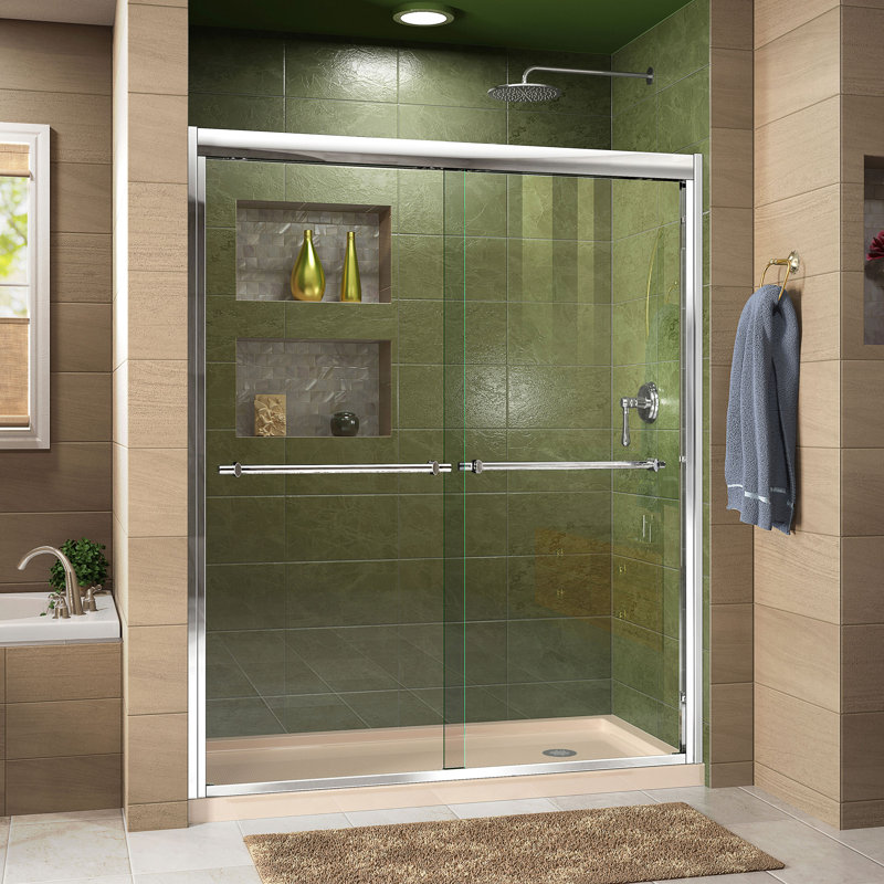 Duet 60" W x 74.75" H Semi-Frameless Sliding Shower Enclosure, Chrome/Biscuit, Right