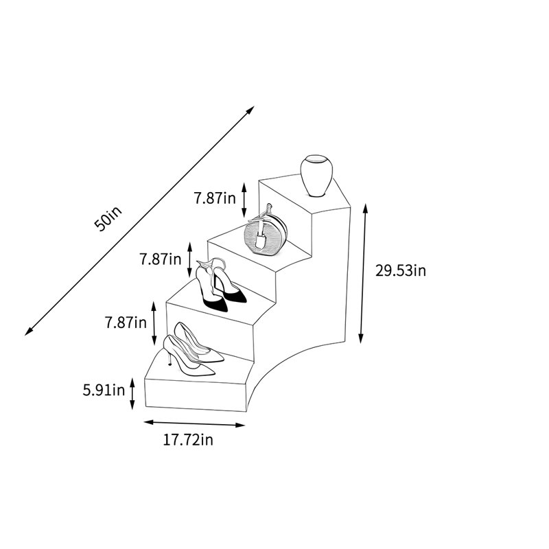 Table de présentation de style escalier dans un magasin de vêtements, H 29,53 po x l 50 po x P 17,72 po, Blanc