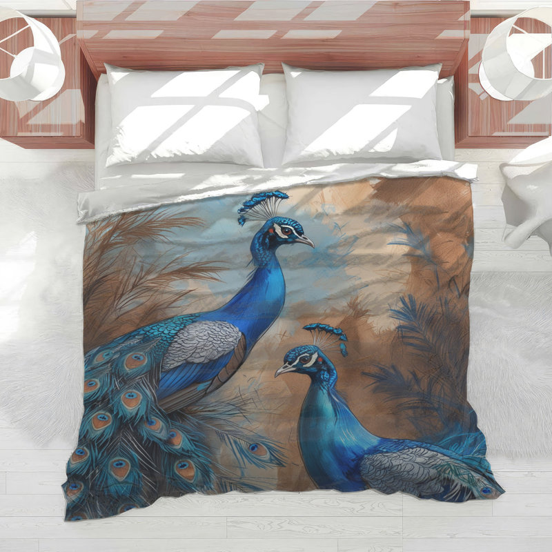 Blue Peacock Illustration Comforter, King