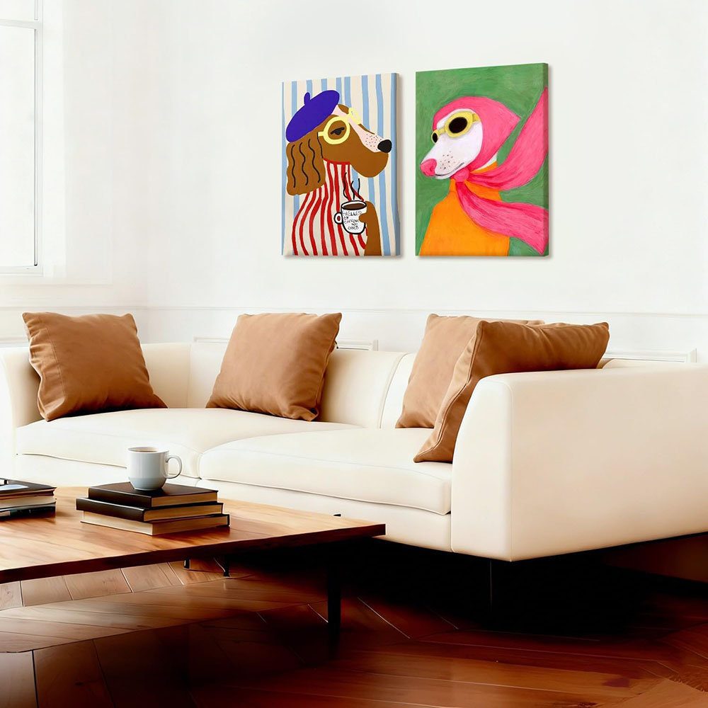 2Pcs Quirky Dog Canvas Wall Art Colorful Dog Prints Pictures Kitsch Aesthetic Preppy Style Posters Wall Decor Funny Animal Fashion Paintings For Kids