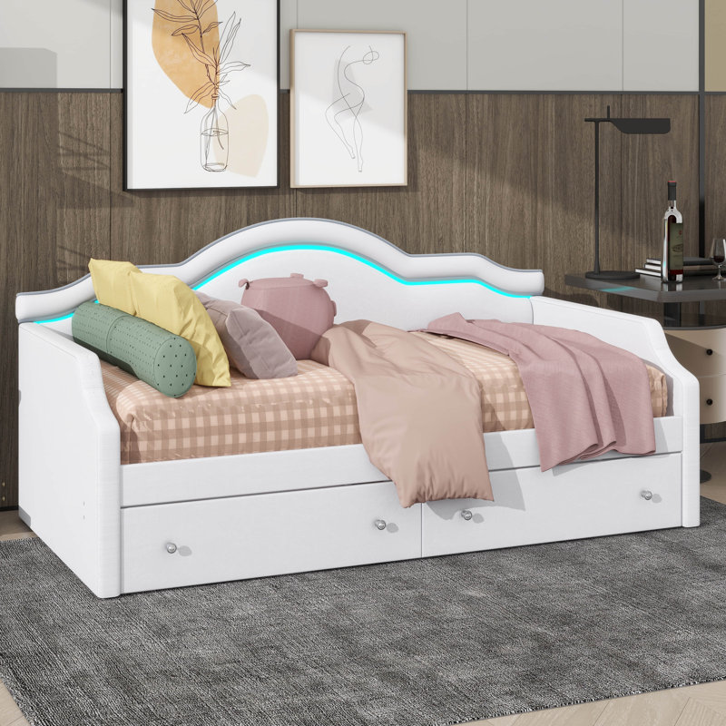 Lit de jour simple rembourré en tissu avec éclairage à DEL et deux tiroirs, Beige, Lit simple