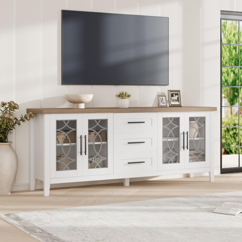 Mid Century Modern Sideboard Buffet Cabinet with Storage, 63" TV Console Media Cabinet with 3 Drawers, 2 Glass Doors, Adjustable Shelves, Accent Entertainment Center for Living Room