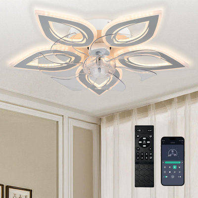 Flower Ceiling Fans With Lights 21.6'' Modern Low Profile Ceiling Fan Dimmable Fandelier LED Flush Mount Ceiling Fans With Remote For Bedroom Living Room