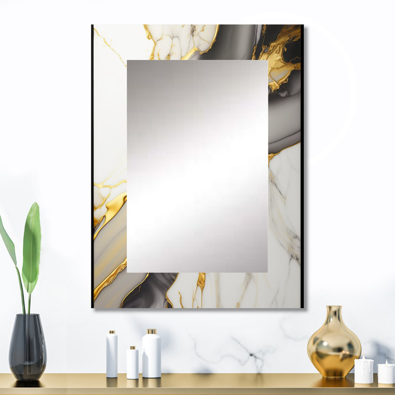 Abstrait géode marbre blanc et or II - miroir décoratif en marbre, miroir mural blanc, impression d'art en métal