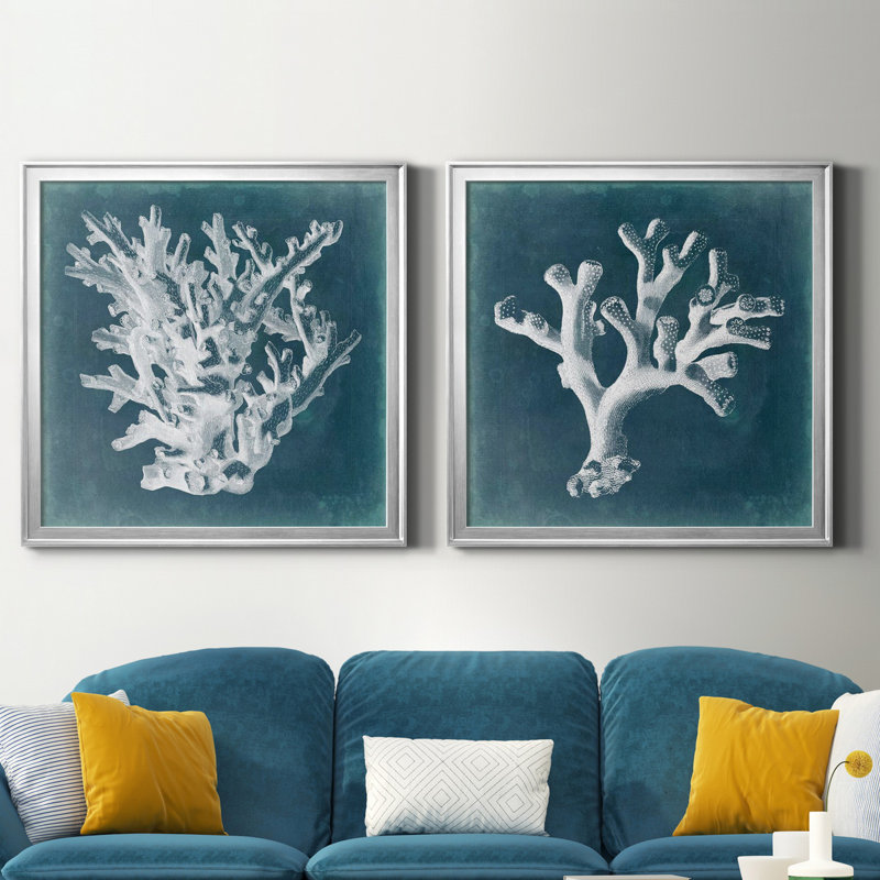 Azure Coral I - ensemble de 2 cadres photo sur toile, H 34,5 po x l 69 po x P 1,5 po, Toile avec cadre argenté