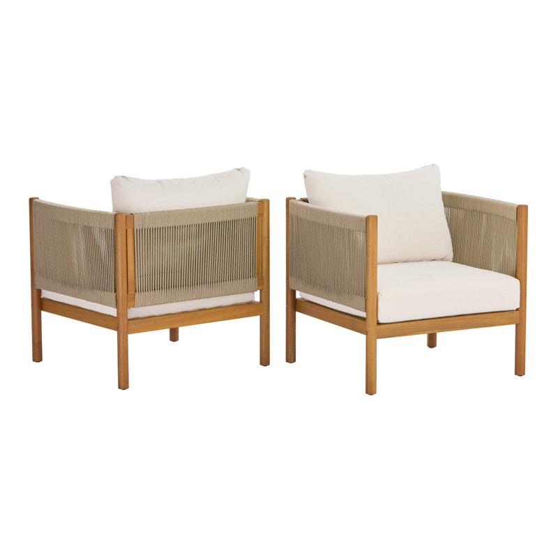 Ensemble de 2 fauteuils club d'extérieur avec structure en bois d'acacia d'aspect teck, panneaux de corde beige et coussins crème