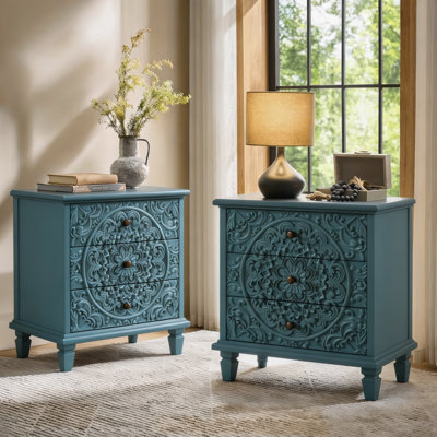 Vintage Wood 3 - Drawer Nightstand,Set Of 2, Carved Embossed Accent Chest for Bedroom Living Room