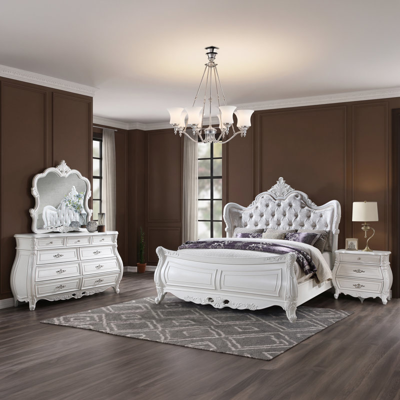 Ensemble de chambre à coucher Lasiya, Très grand, 4 Pcs: Bed, Dresser, Nightstand, Mirror