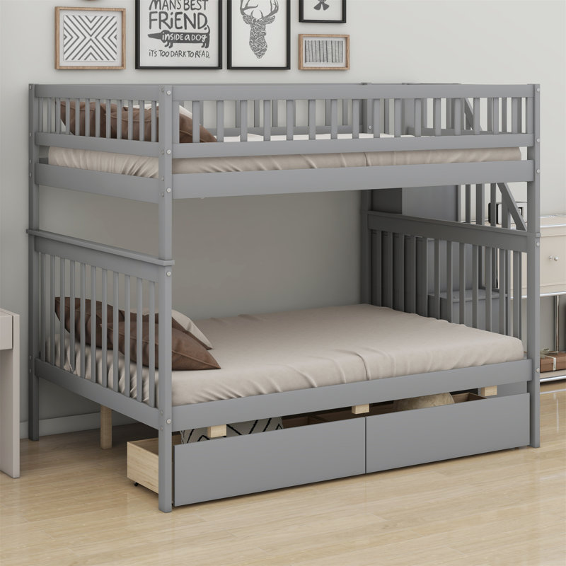 Bunk Bed With Two Drawers And Storage Stair, Gray