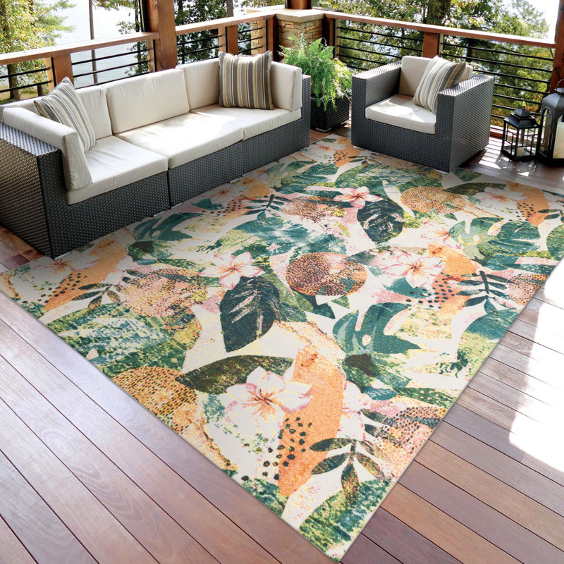Tapis d'extérieur Sunshine Blooms rose et feuilles tropicales vertes rose / vert / orange, Rectangle 8 pi x 10 pi