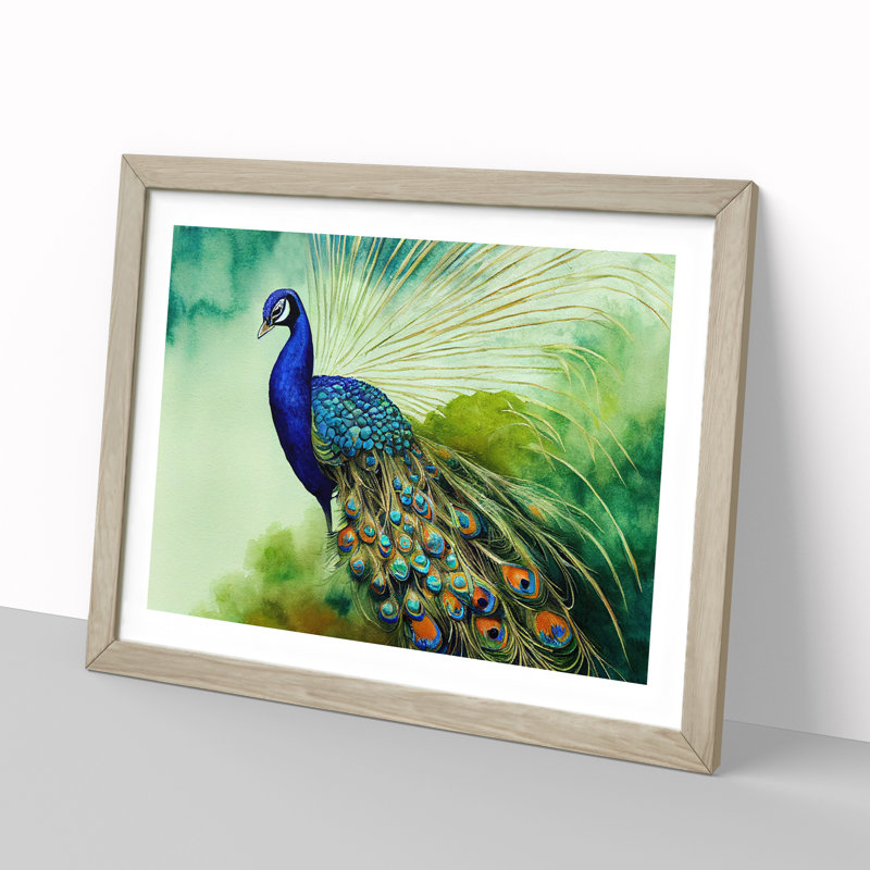 Watercolour Peacock - Single Picture Frame Print, 25cm H x 34cm W x 2cm D, Oak Framed