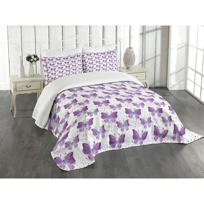 Queen White and Purple Butterfly Bedspread Set