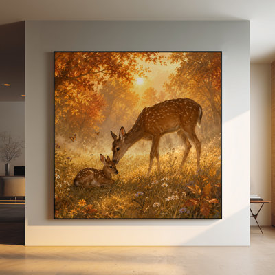 Très grande reproduction d'art sur toile - Famille de cerfs d'automne dans un pré de forêt, décor de scène naturelle pour le salon ou la chambre à coucher «Assemblage requis du cadre (cadre non fini)»