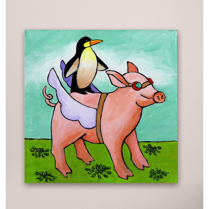 «Cochon et pingouin» par Janet Nelson, reproduction d'art sur toile tendue, H 40 po x l 40 po x P 1,5 po