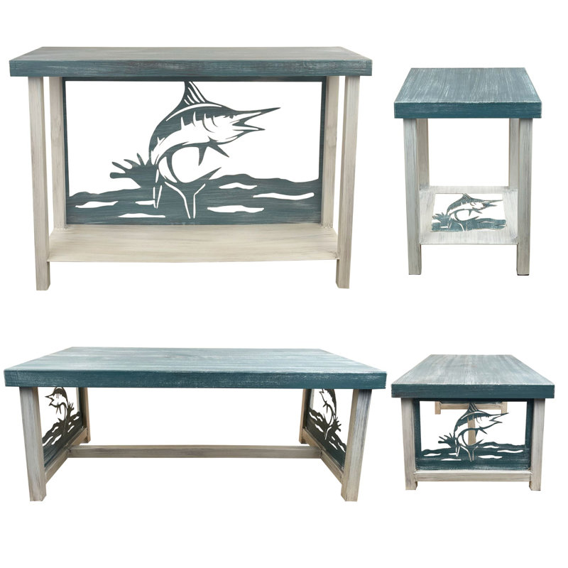 SLATE SAILFISH TABLE SET.  1- Rectangle Sofa Table, 1- Rectangle Coffee Table, 2- Square Iron End Tables