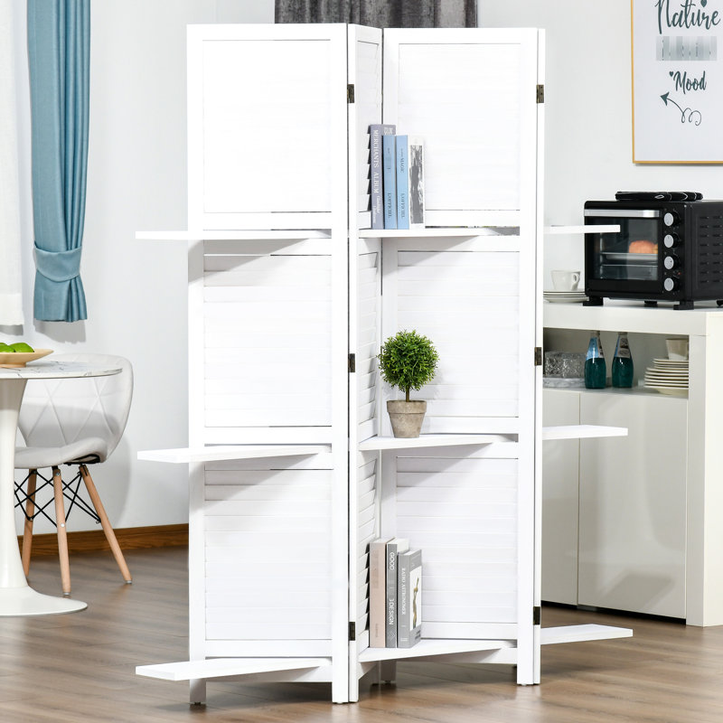 Paravent 67 po en bois à 4 panneaux, 3 tablettes, pliable pour le bureau à domicile et la chambre à coucher