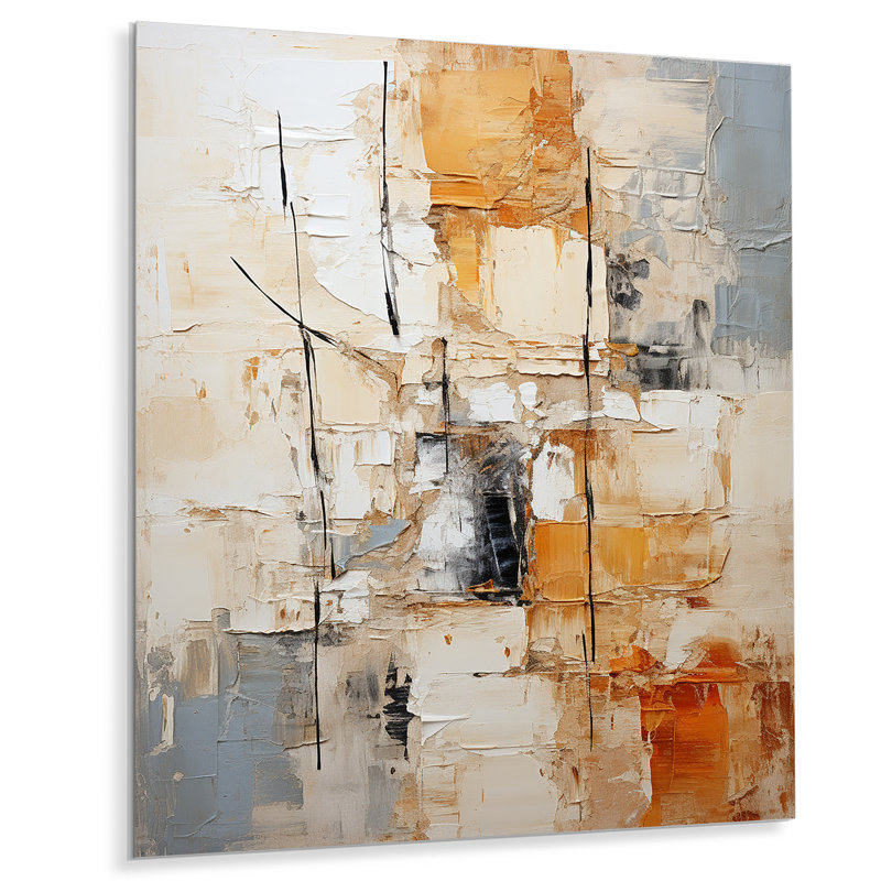 Collage géométrique beige I - Collages abstraits, impressions sur métal, H 32 po x l 16 po x P 1 po