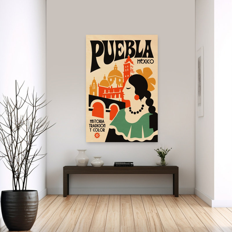 Retro Puebla Mexico Travel Colorful Retro Traditional Architecture City Wall Art Print 1 Piece Wrapped Canvas Wall Art