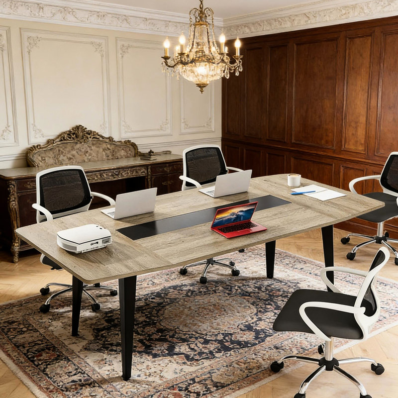 Table de bureau en forme de bateau de style naturel, look moderne, trous de câbles de table, noir et gris, structure en métal, œillets de 36,39 po de largeur, construction,