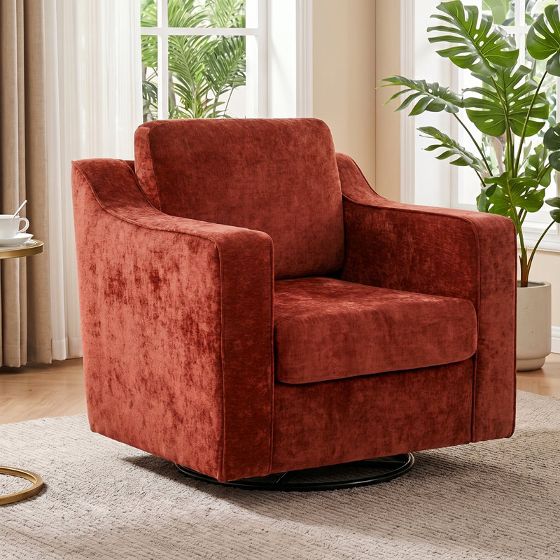 32.7" Wide Mid-Century Modern Upholstered Swivel Accent Chair, 360° Rotating Lounge Chair with Sloped Arms for Living Room-Reddish Brown