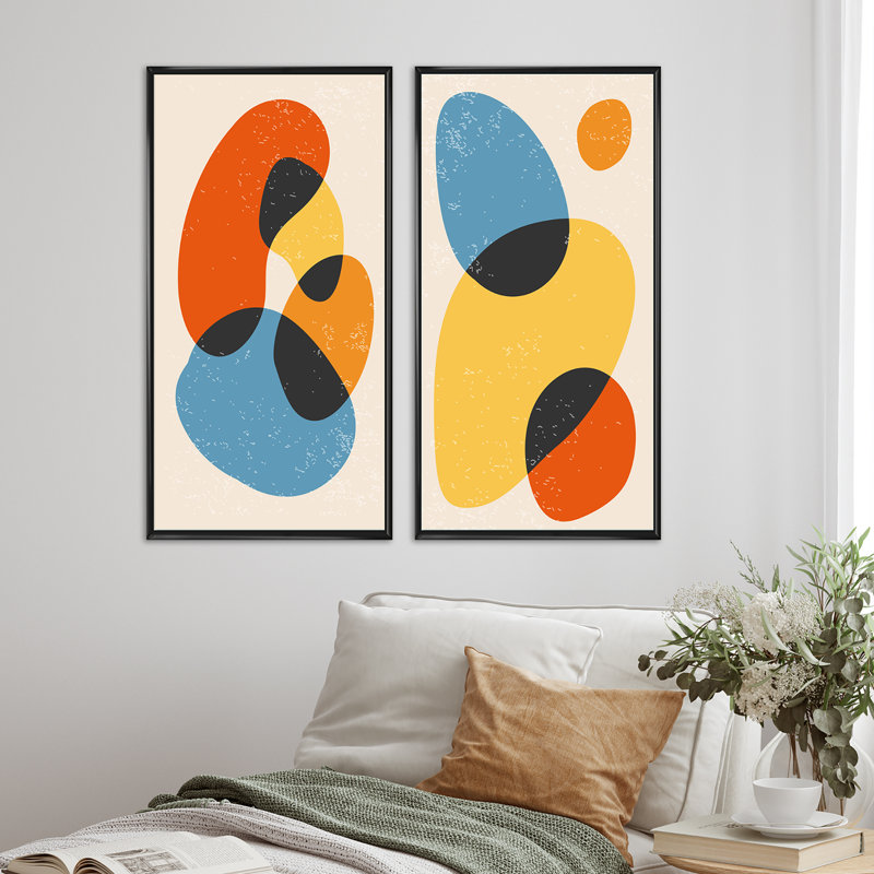 Minimal 20S Bauhaus géométrique xiv - ensemble de 2 peintures, H 40 po x l 40 po x P 1,5 po, Cadre noir