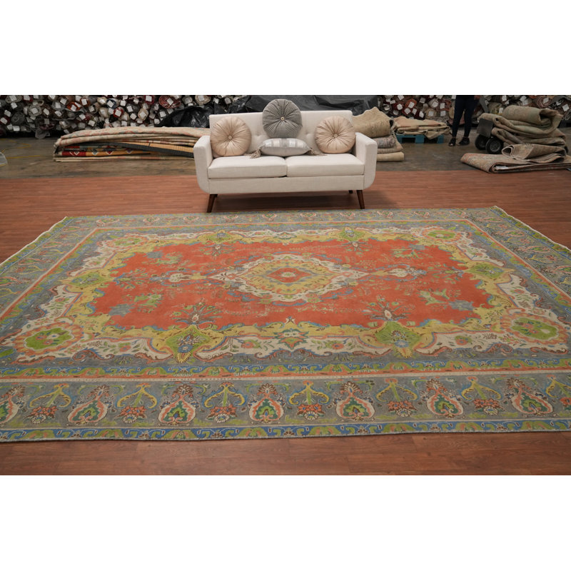 Tapis orange médaillon traditionnel en laine 10 x 13