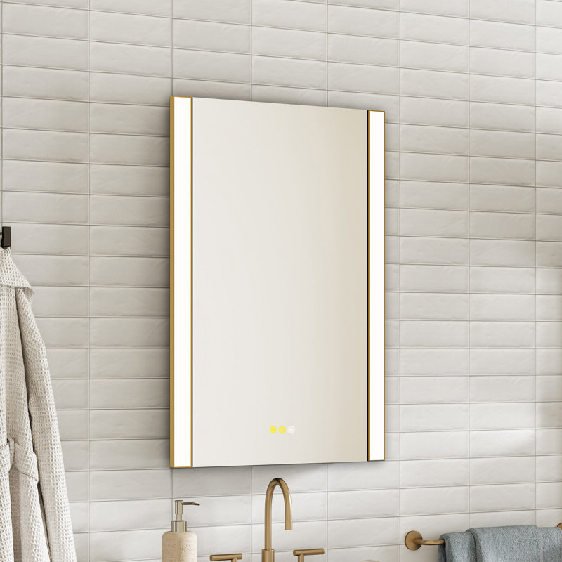 Modern LED Medicine Cabinet with Mirror, Anti-Fog, Outlets & Adjustable Shelves, 40" H x 24" W x 5" D, Gold