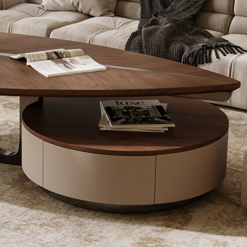 Jessamyn Mid-Century Modern Coffee Table with Abstract Leaf Shaped Walnut Wood Veneer Top and Metal Base for Living Room, Industrial Coffee Table with Vintage Classic Design Round Storage Compartment Include Two Storage Drawers