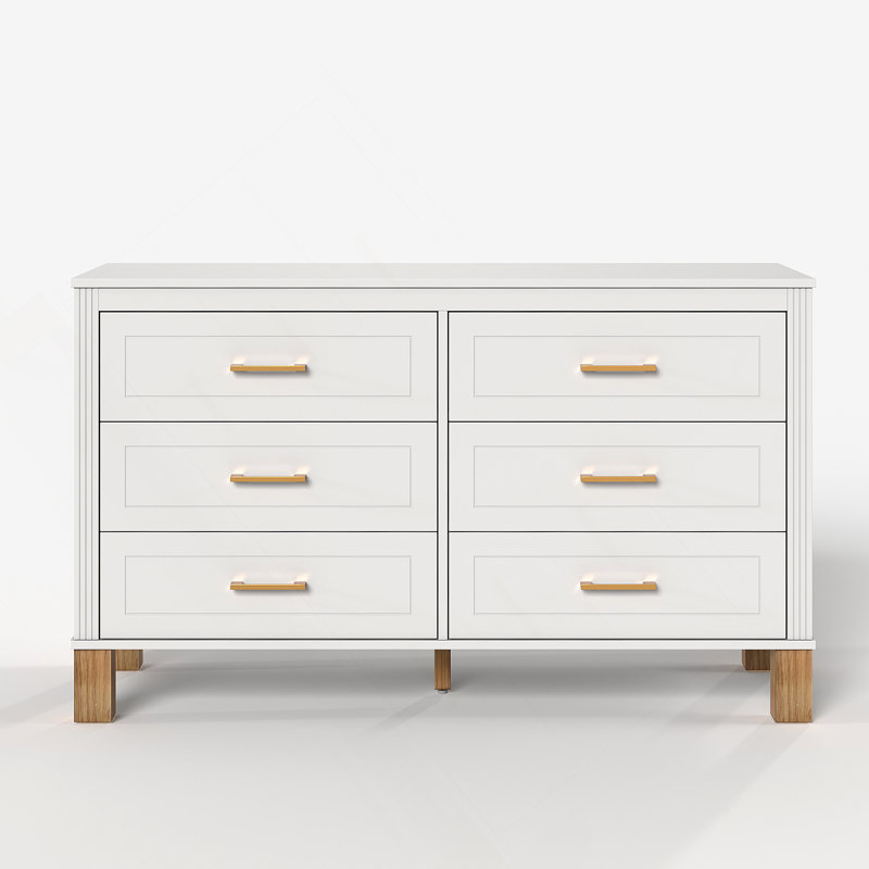 Commode 6 tiroirs, commode de rangement moderne avec poignées en métal et pieds en bois massif, Blanc