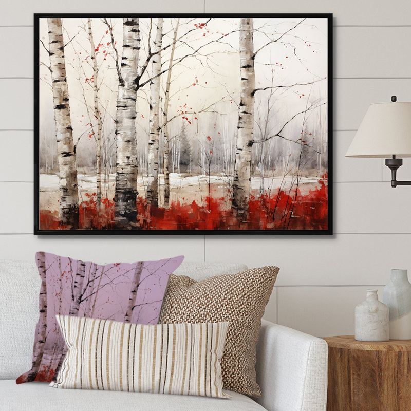 Impressions sur toile de bouleau blanc et rouge en hiver II, Cadre flottant noir, 24" H x 32" W