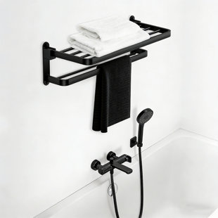 24-Inch Matte Modern Gray Finish Wall Mounted Towel Holder with Shelf and Two Towel Bars
