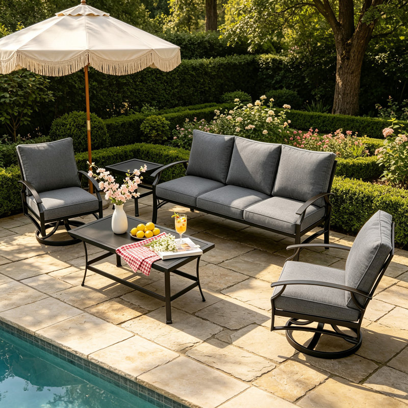 Ensemble de patio extérieur en métal pour 5 personnes avec deux tables et coussins Nickita, Gris