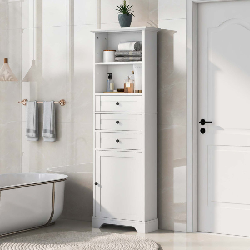 White Tall Storage Cabinet With 3 Drawers And Adjustable Shelves For Bathroom, White