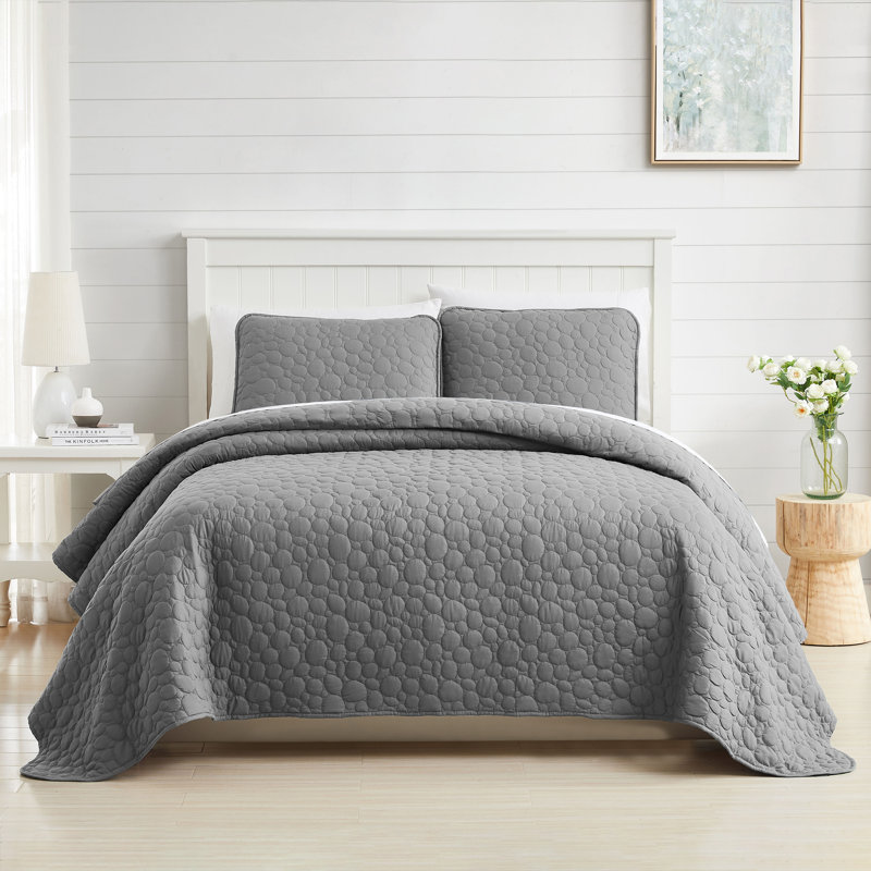 Pebble Quilted Lightweight Prewash Microfiber Quilt Set, Queen Quilt + 2 Standard Shams, Gray