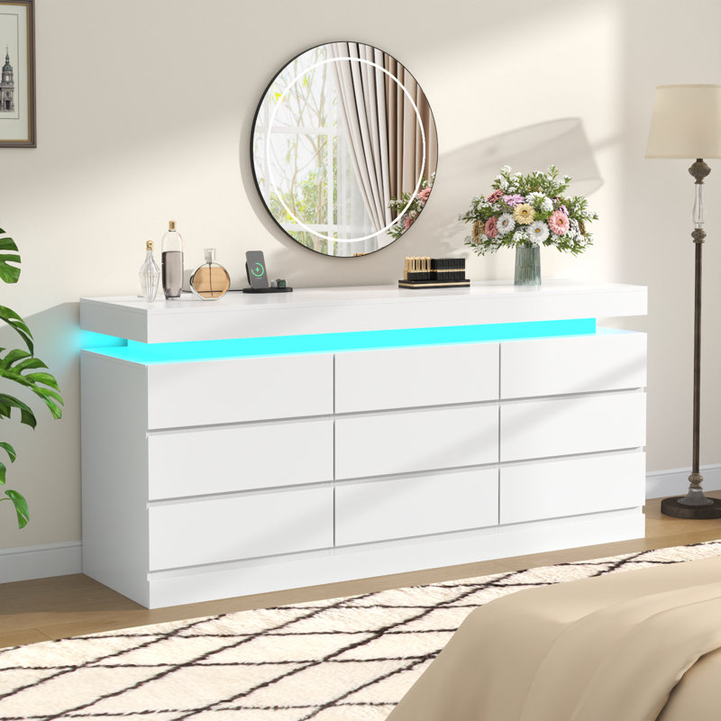 White Modern 9-Drawer Dresser with LED Lights