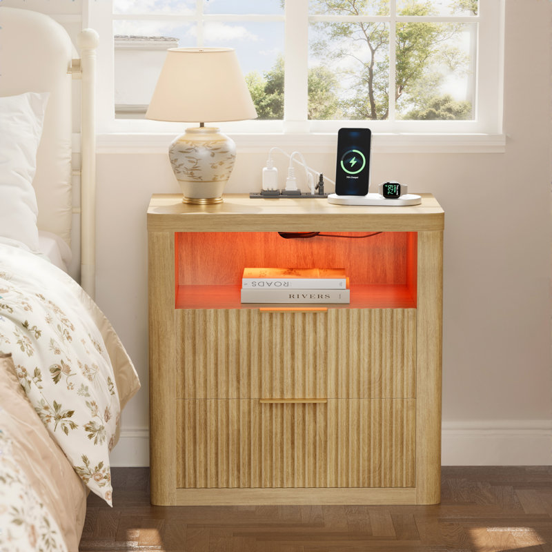Fluted Nightstand With Charging Station,24" Night Stand With 2 Drawers And Storage Shelf,rgb Led Lighting,arc Edge Fluted Bedside Table For Bedroom