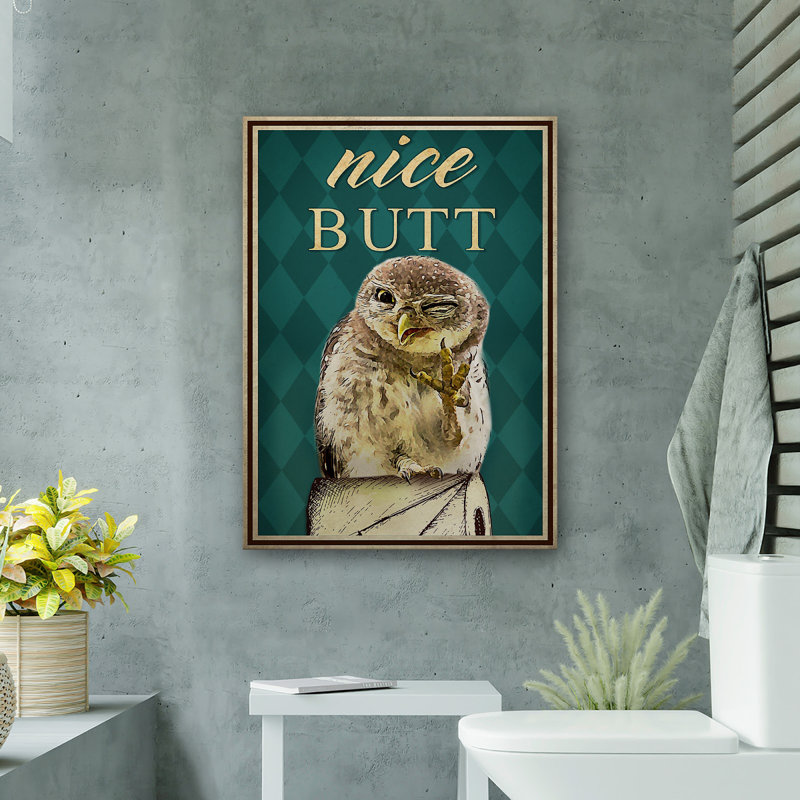 Hibou clin de œil - belle toile tendue avec toile tendue - décor d'illustrations animales de salle de bain et de lessive, brun et vert foncé, décor de salle de bain