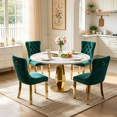 Ensemble de salle à manger rond 5 pièces en faux marbre pour 4 personnes, table de cuisine ronde de luxe de 119 cm avec pied central doré en forme de diamant