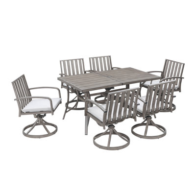 Seehill Limed Oak Outdoor Dining Set, Aluminum Swivel Patio Dining Set With Cushions, Swivel Chairs And Patio Table, Outdoor Furniture Set With Umbrella Hole For Deck, Garden, Backyard