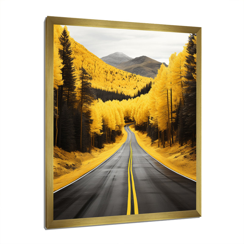 Babbu Road Through Yellow Forest IV - Print on Canvas, Encadrement doré, H 44 po x l 34 po