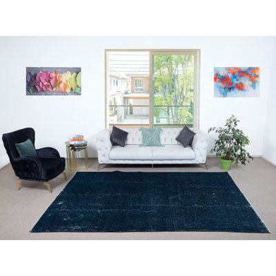 Tapis bleu marine en laine surteint 7 x 10,4 pi 7 pi, fabriqué à la main en Turquie