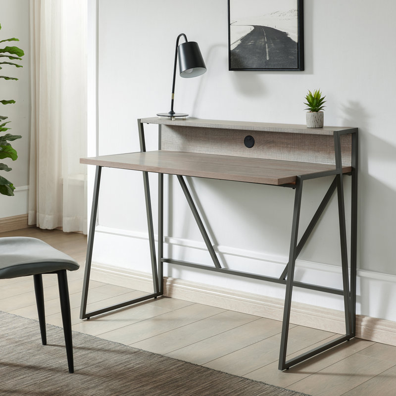 Emillio Metal Base Writing Desk, Roughsawn Oak/Gunmetal Gray