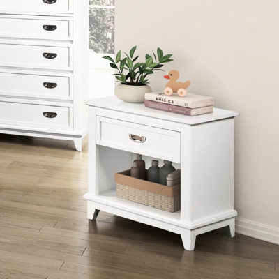 Table de chevet blanche de style classique, 1 tiroir avec glissières à roulement lisse, rangement inférieur, poignées en nickel poli, sans assemblage, table de chevet 24 po x 16 po x 26 po style, finition, anneau simple