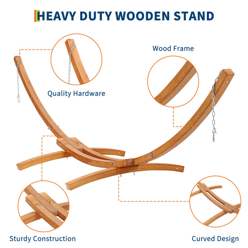 Support à hamac robuste en bois courbé pour patio ou cour arrière - Ajustement global - Résistant aux intempéries - Comprend les chaînes et les mousquetons - Poids maximal de 475 lb - Taille: 12,5 pi