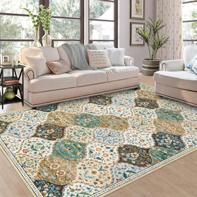 Trellis Machine Washable Rug with Rubber Backing Vintage Medallion Stain Resistant Non-Slip Floor Cover Carpet Rug for Living Room Bedroom