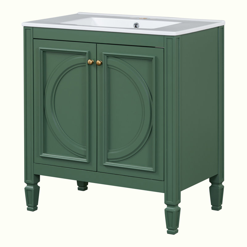 Meuble-lavabo de salle de bain avec lavabo, tiroir fonctionnel, tablette de porte, Vert, Doré