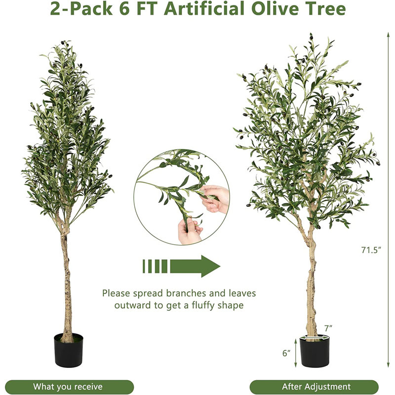 6 FT Tall Faux Olive Trees with Silk Leaves in Black Plastic Pots